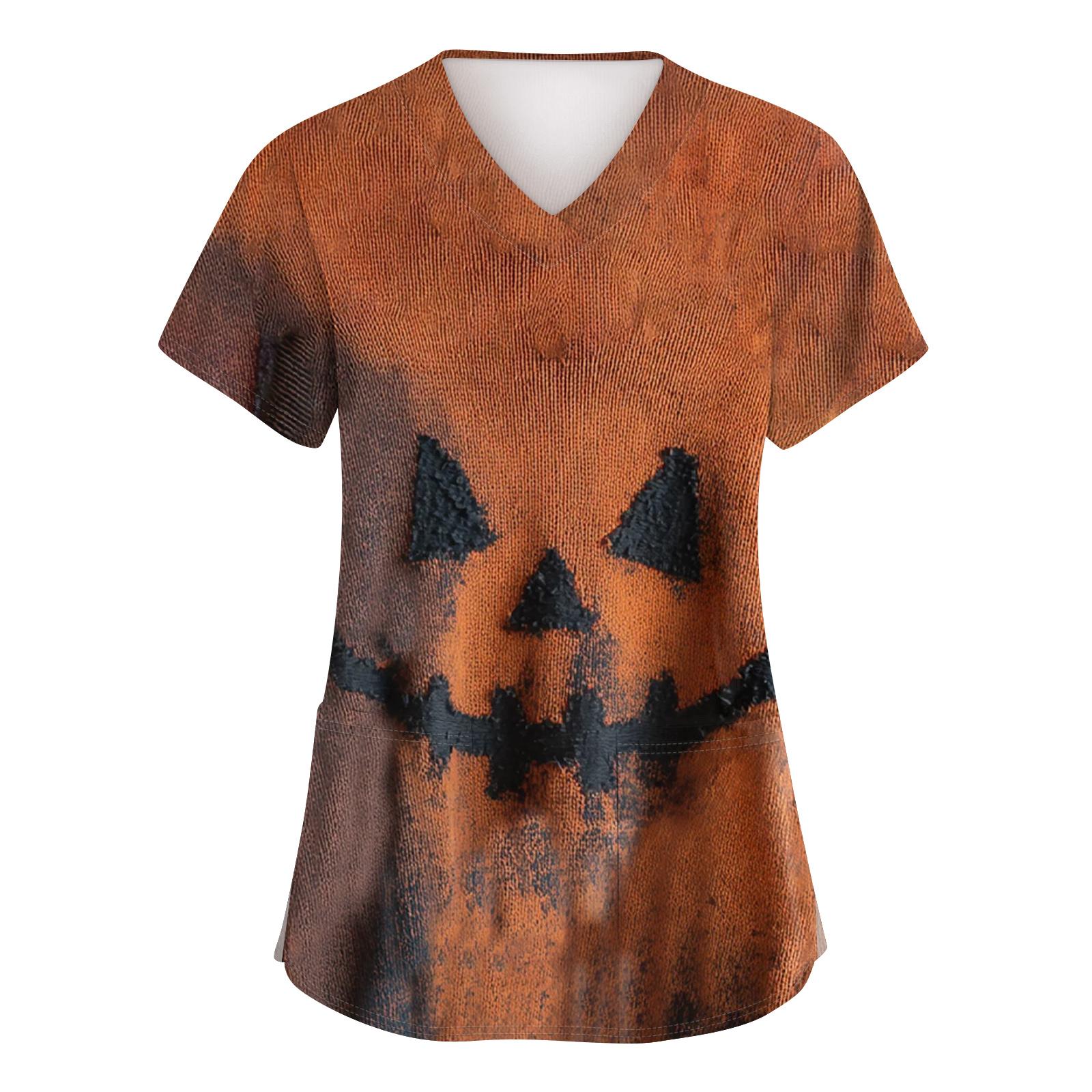 

Женские модные топы с коротким рукавом, принтом на Хэллоуин, V-образным вырезом, карманом, рабочая одежда M шафрановый