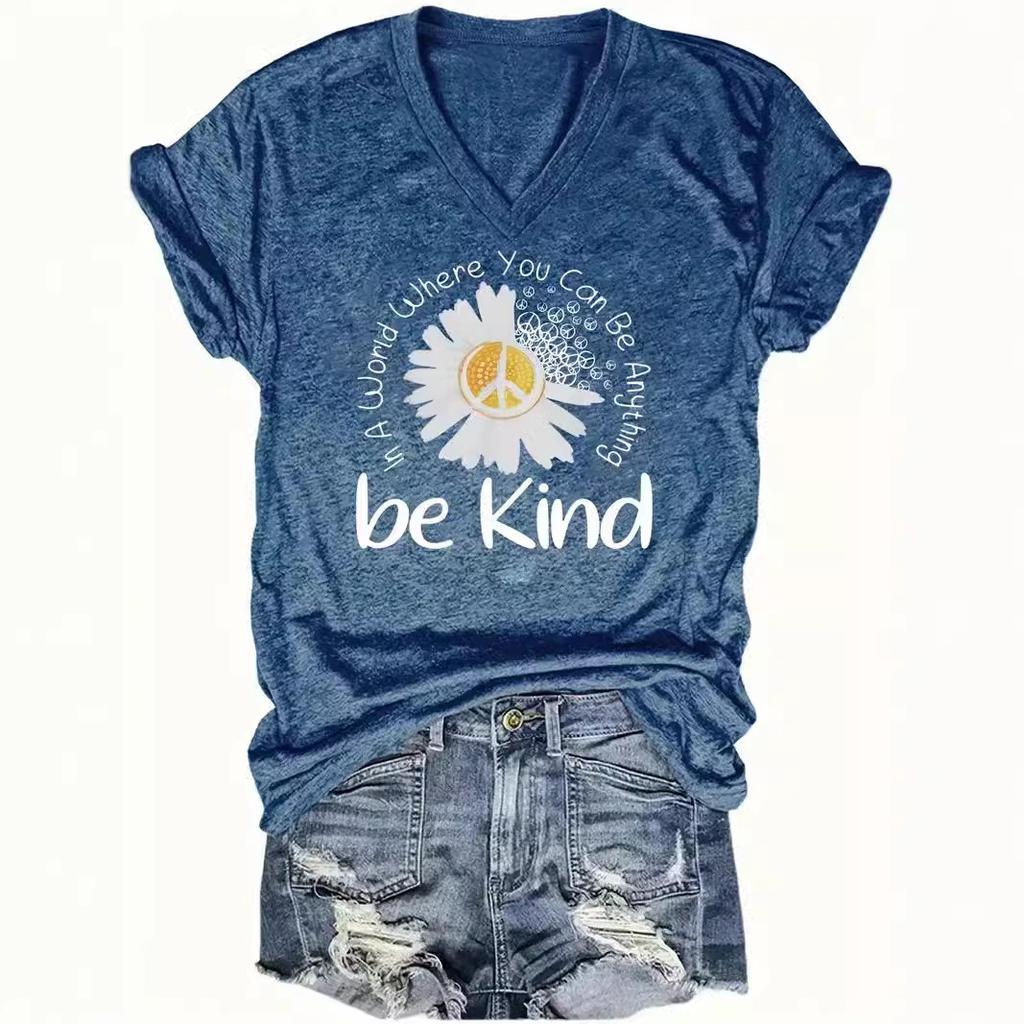 Summer V-neck 3D Flower Pattern Printed Top Fashionable Casual Short Sleeved Women's T-shirts