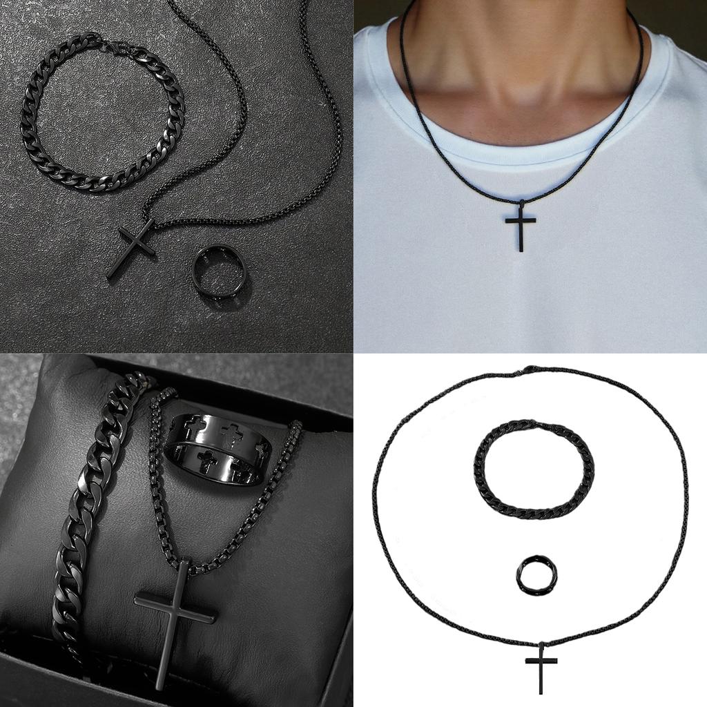 Men Fashion Jewelry Set Featuring Cross Pendant Necklace Bracelet and Rings Gothic Jewelry for Stylish Faith Expression