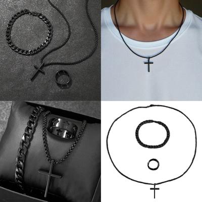 Men Fashion Jewelry Set Featuring Cross Pendant Necklace Bracelet and Rings Gothic Jewelry for Stylish Faith Expression