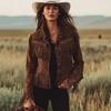 Womens Suede Short Cropped Jacket With Fringe Trim Turn-Down Collar Waist Belt Slim Fit Winter