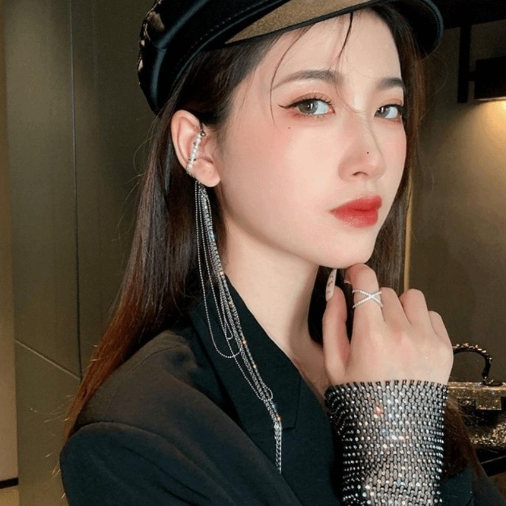 Exaggerated Long Fringed Ear Clips Tassel Fake Cartilage Earrings Evening Gala