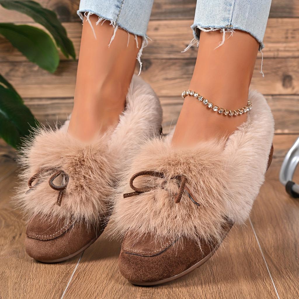 Women's Plush Slip-On Slippers with Bow - Winter Indoor/Outdoor House Shoes, Soft Cushioned TPR Sole & Plush, Cozy Non-Skid Footwear