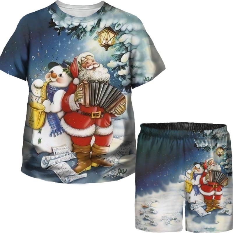 Boys Girls Funny Christmas T Shirts Shorts Sets Xmas Santa Claus 3D Printed Tees/Suits Kids Holiday Party Vacation Clothing Set