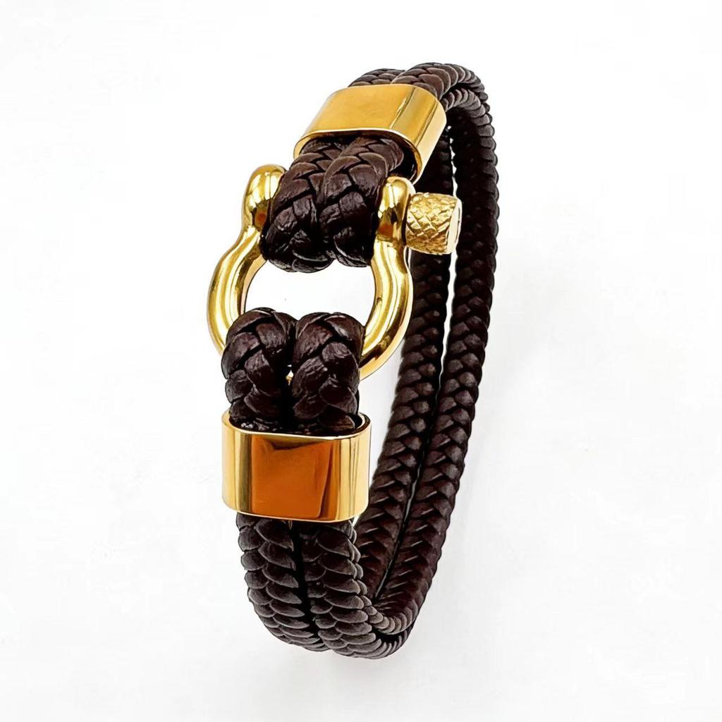 Men's Retro Horseshoe Buckle Leather & Stainless Steel Stackable Bracelet