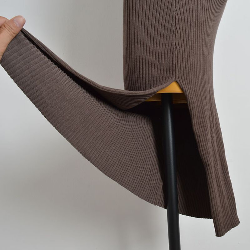 Fashion Fancy Autumn Sheath High Low Collar Split Dress Silm Slimming Versatile Long Sleeves Knitting Dress Women
