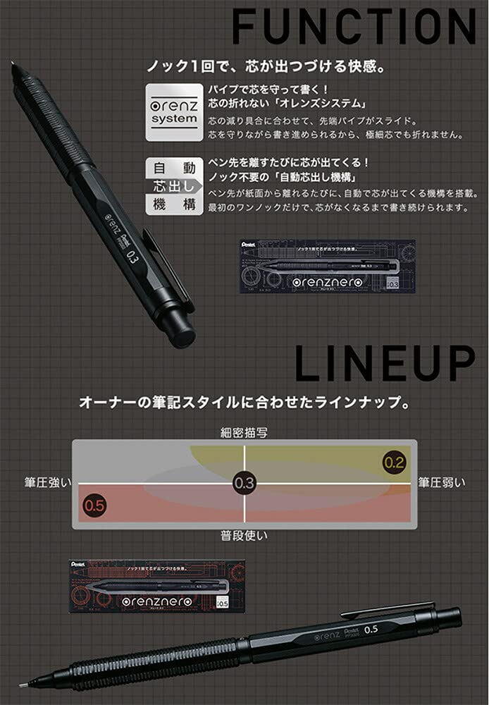 Pentel Orenz Nero Mechanical of Pencil, 0.5mm, Black, PP3005-A (Pack 3)