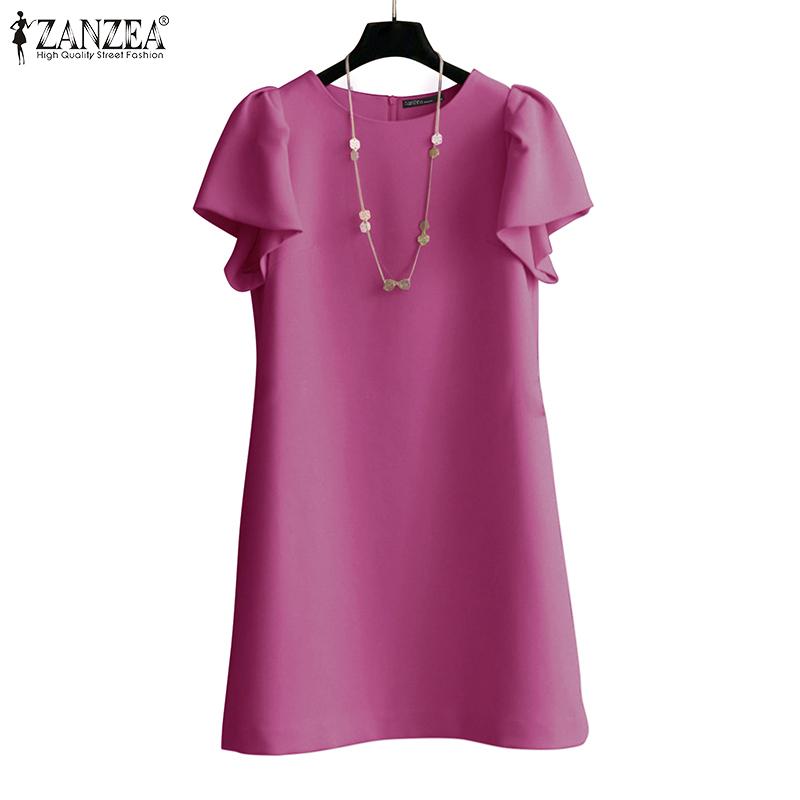 ZANZEA Damen Sommerkleid Lässig Rundhals Puffkurzarm