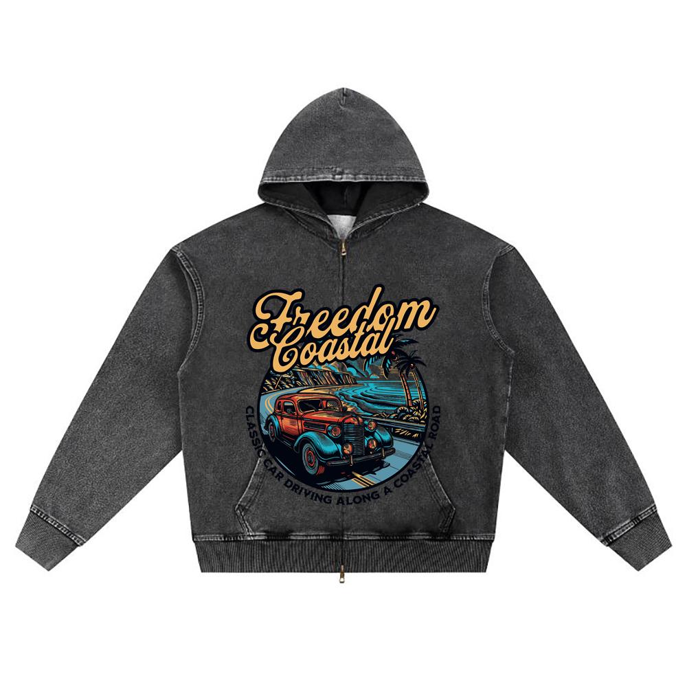 DTG Print Knitted Denim Zip-Up Hoodie Freedom Coastal Brother Print Zipper Hoodies