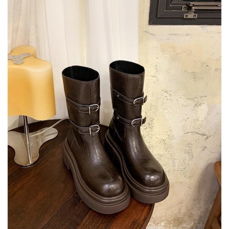 Su Yinyin's same supermodel boots~ 6cm thick heel thick sole medium tube belt buckle short boots knight boots retro women's boots autumn