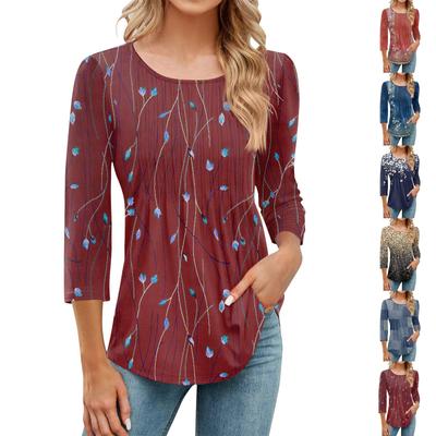 Women's Fashionable Casual Pleated Round Neck Leisure Printing Seven Quarter Sleeve T-shirt Top