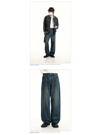 Men's Retro Distressed Wide-Leg Jeans - High Street Fashion, Loose, Straight, Floor-Length.