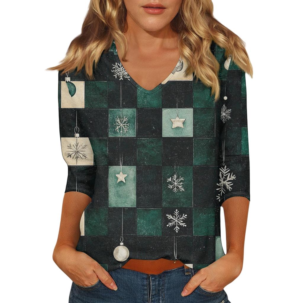 Women's Casual Fashionable Sexy Comfortable V-Neck Christmas Three-Quarter Sleeve Top