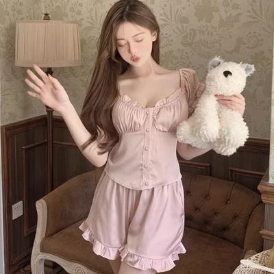 Pijama de Seda de Hielo para Mujer, Conjunto de Pantalón Corto de Manga Corta, Ropa de Casa Delgada y Dulce para Verano
