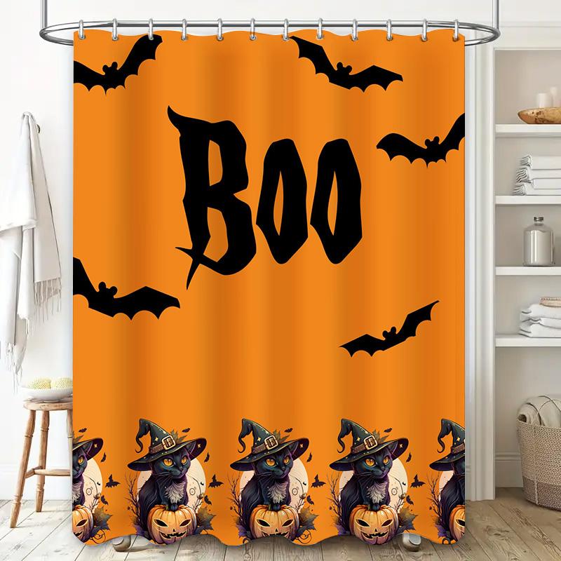 Halloween-Themed Shower Curtain With Boo Lettering And Spooky Cat Designs For Haunted House Decor In Bathroom Accessories