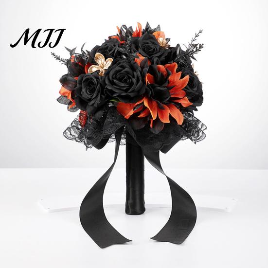 Dark Floral Arrangement Wedding Bouquets for Bride And Bridesmaid, Gothic Artificial Halloween Bouquet, Faux Flower Bouquet Style Black Rose