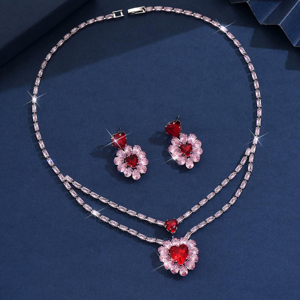 3PC Women's Fashion Zircon Love Necklace Earrings Zircon Set Design Sense Wedding Party Festival Gift-8555