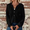 Waffle Knit Pullover Women Fall Winter Top Hooded Loose Buttons Drawstring Hoodie Pure Color Long Sleeves Daily Wear Sport Blouse
