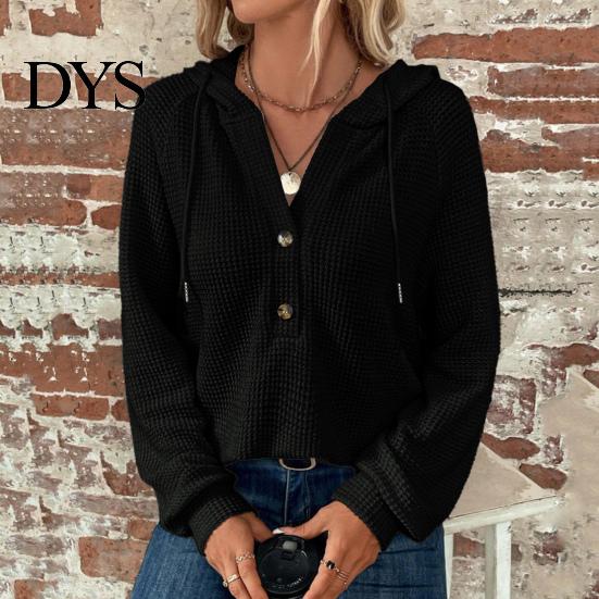 Waffle Knit Pullover Women Fall Winter Top Hooded Loose Buttons Drawstring Hoodie Pure Color Long Sleeves Daily Wear Sport Blouse