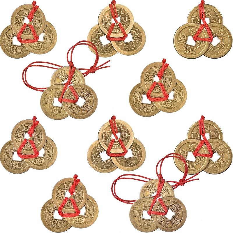 Boao Chinese Fortune Co Feng Shui I Ching Good Luck Co Traditional Brass New Year Favor with Red String for Wealth and Success, 5 Styles(10 Pieces) 10