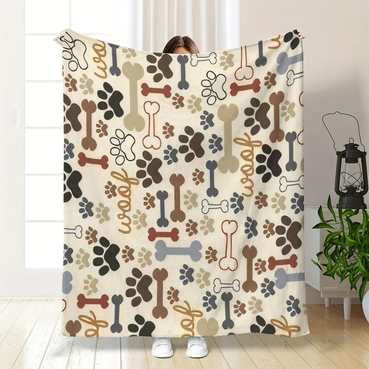 Dog Paw & Bone Flannel Blanket - Soft Hypoallergenic | All-Season Home/Office/Camping, Machine Washable, Dog Decor 70x100cm