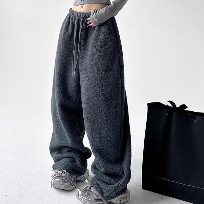Simple Women's Thickened Pants Elastic Waist Polar Fleece Drawstring Straight Bottom Wide Leg Female Trousers Autumn Winter