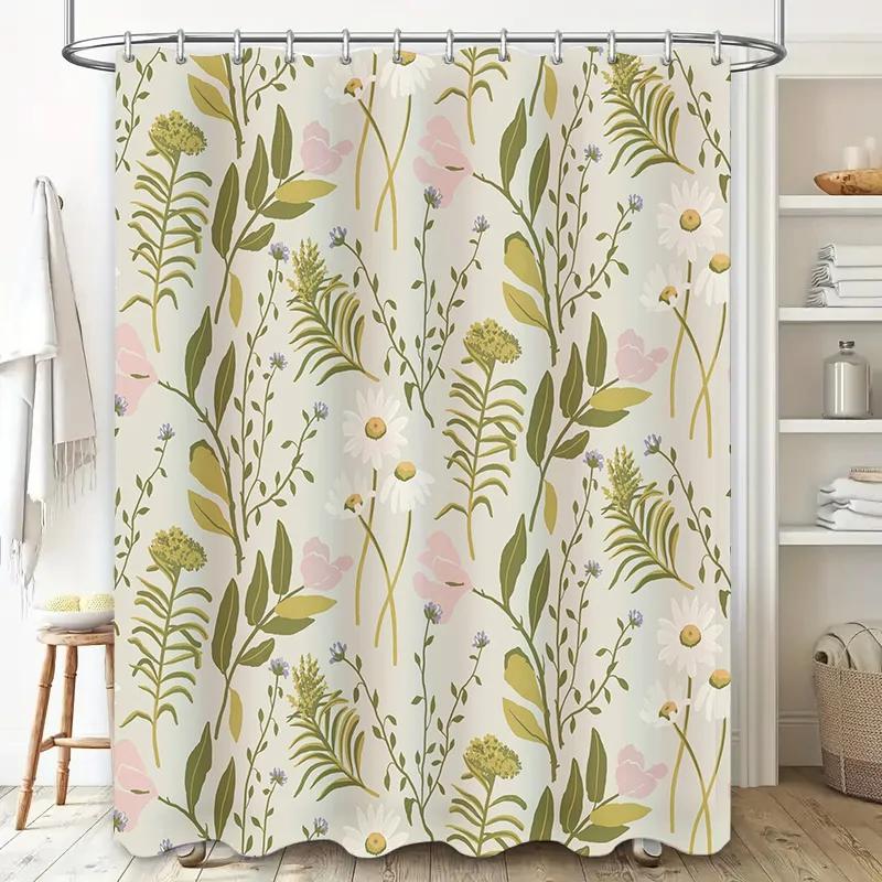 Floral Bath Shower Curtain Rustic Green Pink Print with Fresh Flowers for Bathroom Decoration Size72x84 inches (180cm x 213cm)