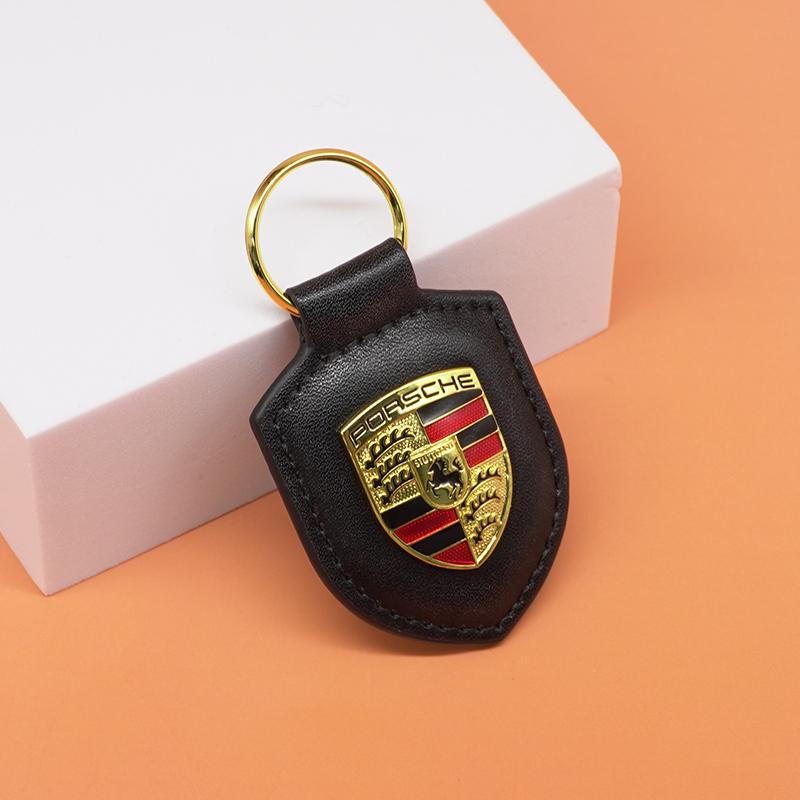 Car Leather Keychain Shield Type 3D Emblem Key Ring For Porsche Panamera Cayenne Taycan 911 718 Macan Carrera-GT 928 944 968 944