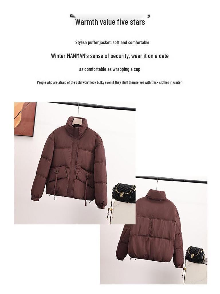 Petite Women's Korean Style Down Cotton Coat, Solid Color, Stand-up Collar, Cold-Proof, Short Bread Jacket for New Year.