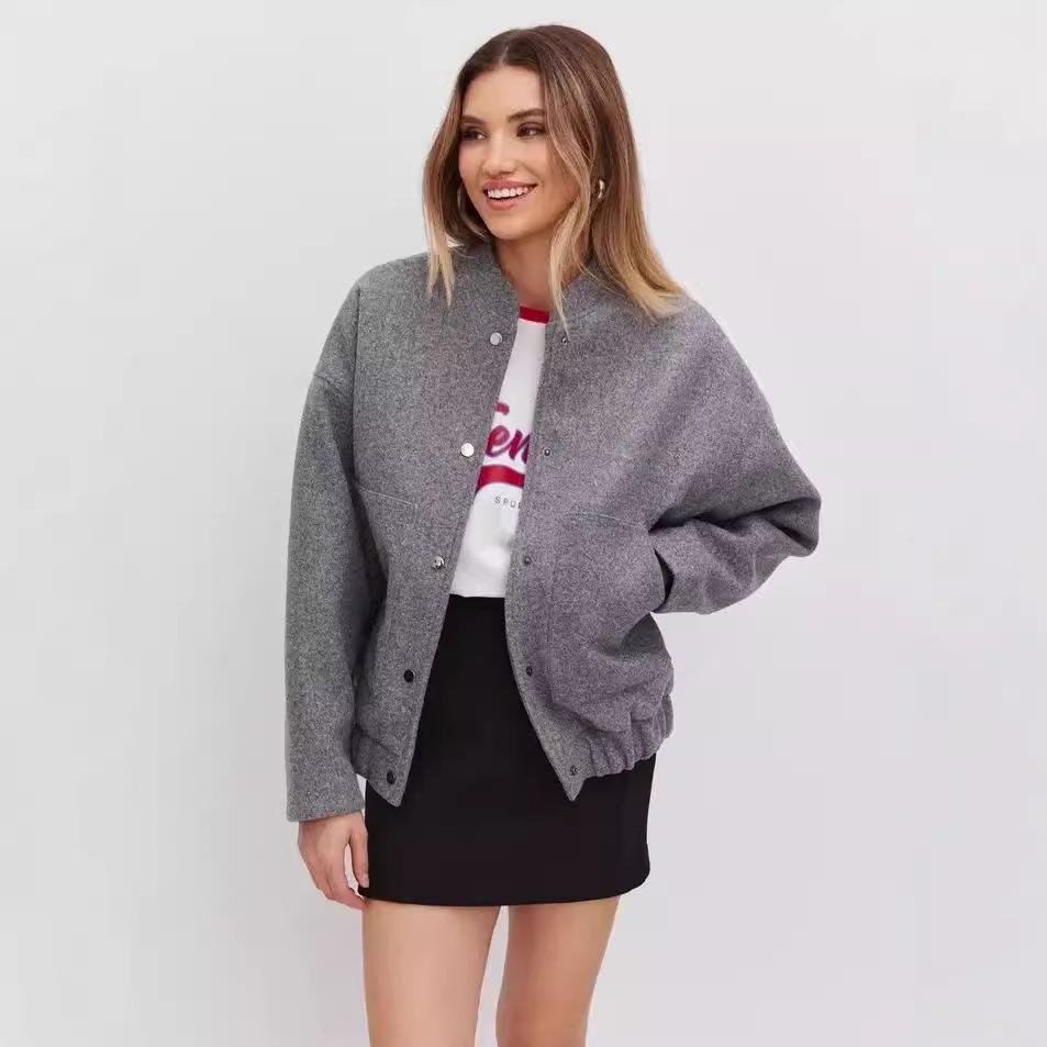 Grey Wool Blend Short Jacket for Women Casual Sports Style