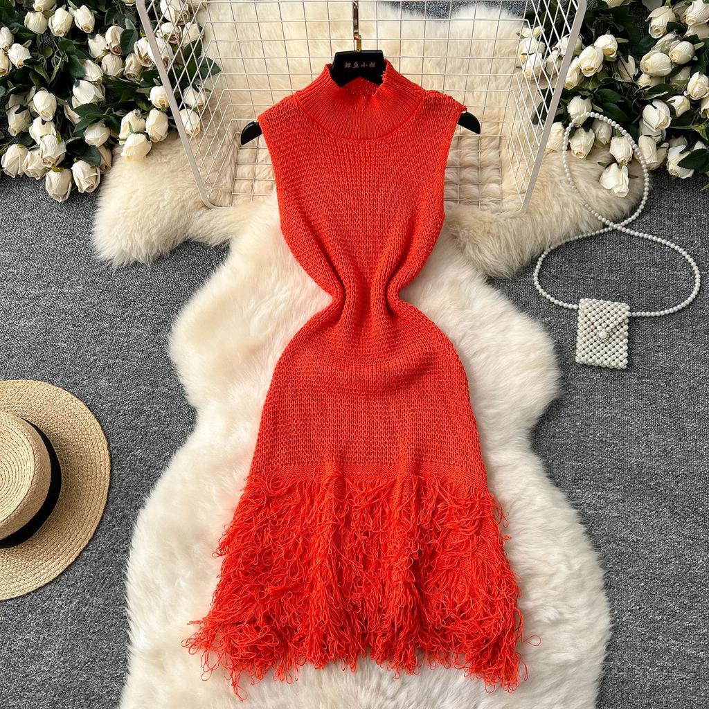 European and American fashion sleeveless dress women's summer high-end sense slim temperament fringed sweater skirt women's skirt