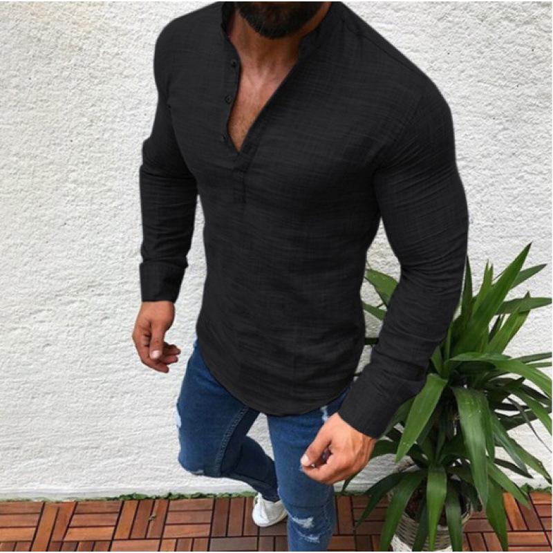 

Solid Color Long Sleeve Casual Linen Half Open Shirt Men S 5XL чорний
