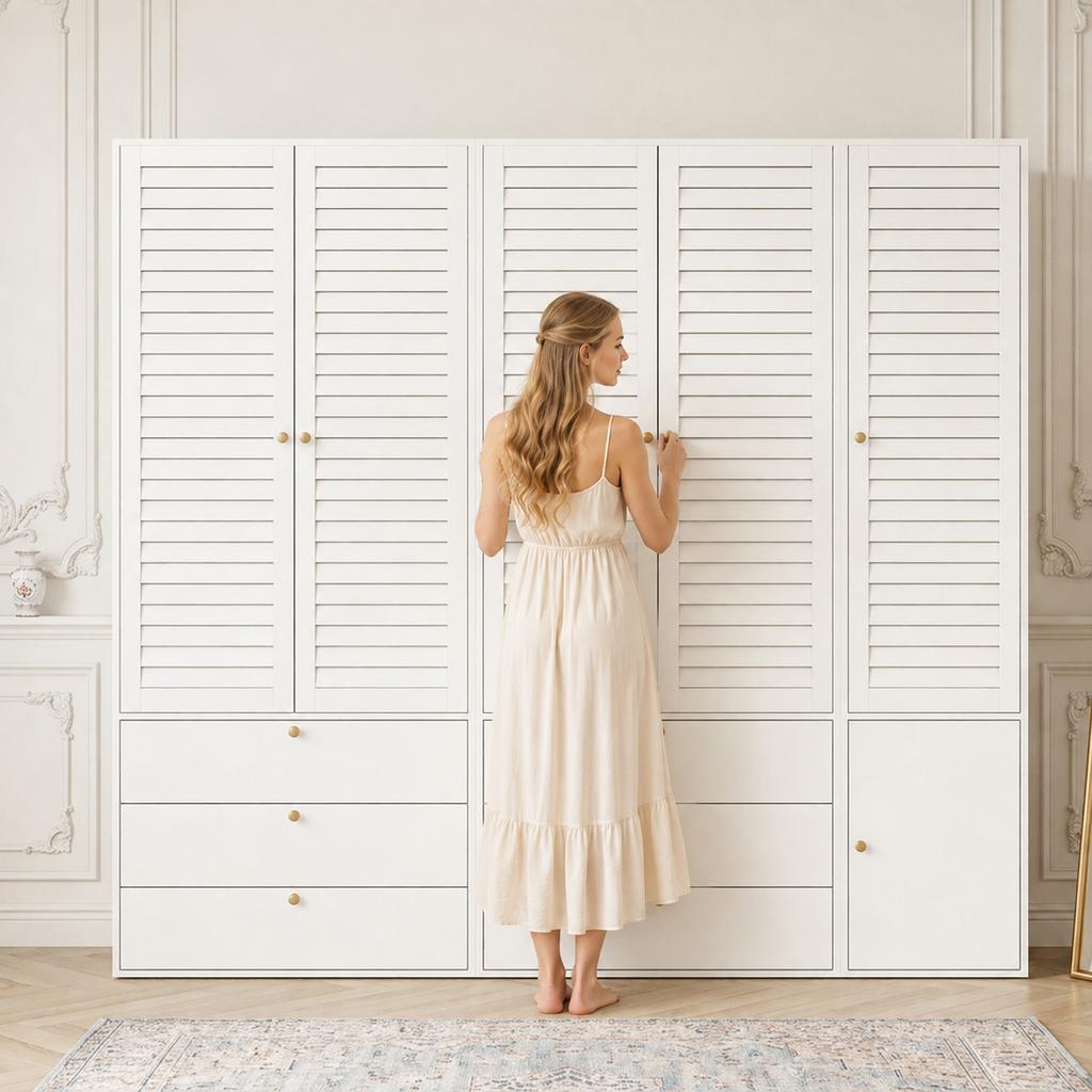 Kleiderschrank mit 5 Türen, elegante Lamellentüren, weiß, 225 x 50 x 200 cm, mit 3 Kleiderstangen, mit 6 Schubladen, geeignet für Schlafzimmer, Kinderzimmer