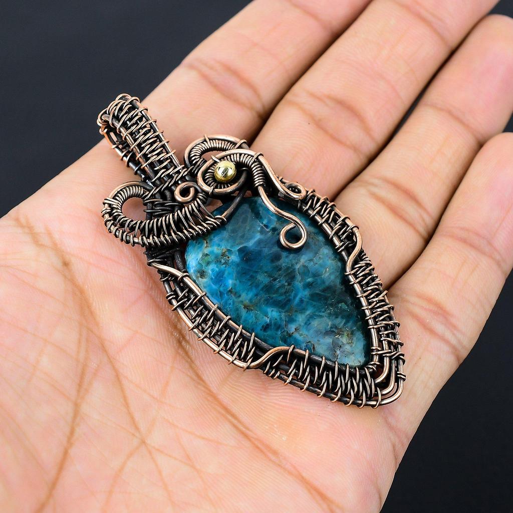 Neon Blue Apatite Gemstone Pure Copper Wire Wrapped Handmade Pendant Jewelry