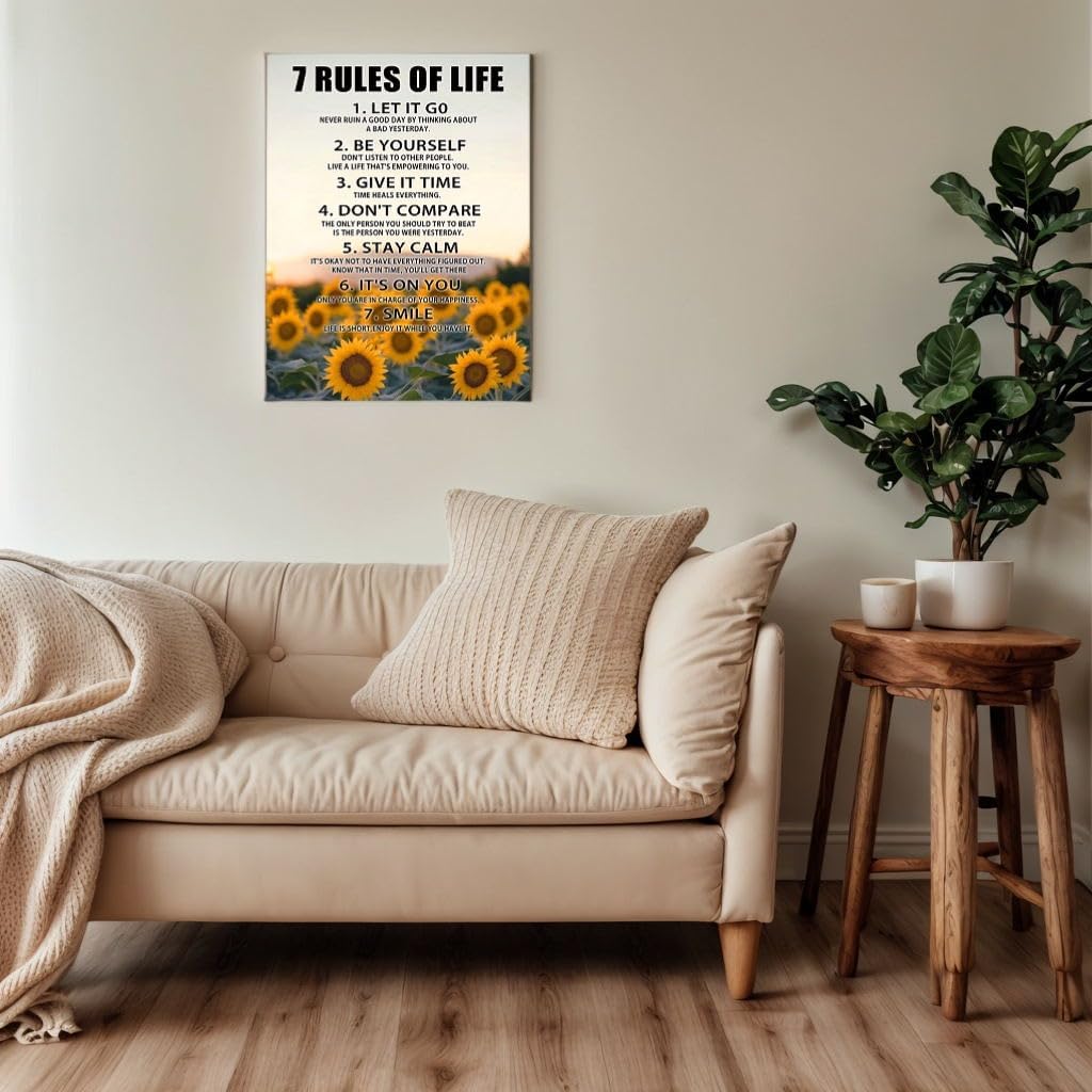 Motivational Wall Decor for Office & Classroom - 7 Rules of Life Pirational Positive Affirmations Wall Art, Sunflowers Uplifting Quotes Canvas