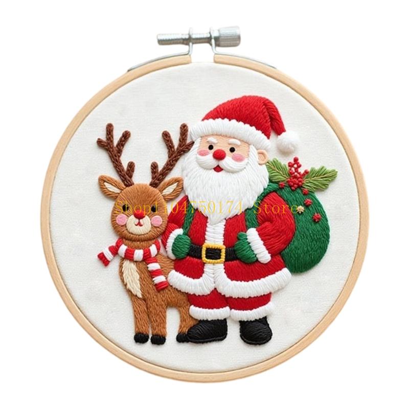 Christmas Themed Embroidery Set with Embroidery Hoop Cloth Thread Needle Instructions for Beginner Handmade Art Craft top sale
