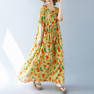 Plus Size Women's Dress Simple Fashion Bohemian Long Dress Summer Short Sleeve Round Neck Printed Dresses