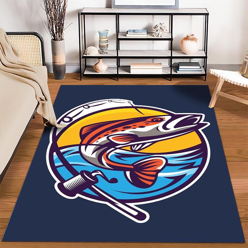 Fishing Themed Carpet with Colorful Fish Design and Rod Pattern Suitable for use as an anti-slip for living room bedroom sofas