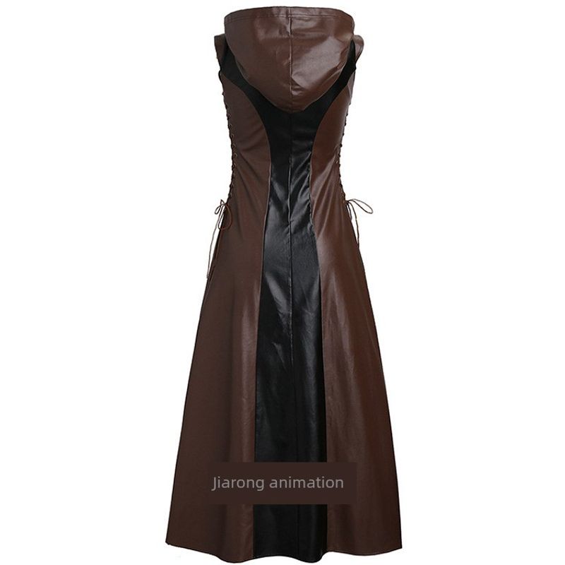 Amazon Wishebay European and American Hot-Selling Style, Chest-Tie Five-Size Sleeveless Hooded Long Leather Skirt in Stock