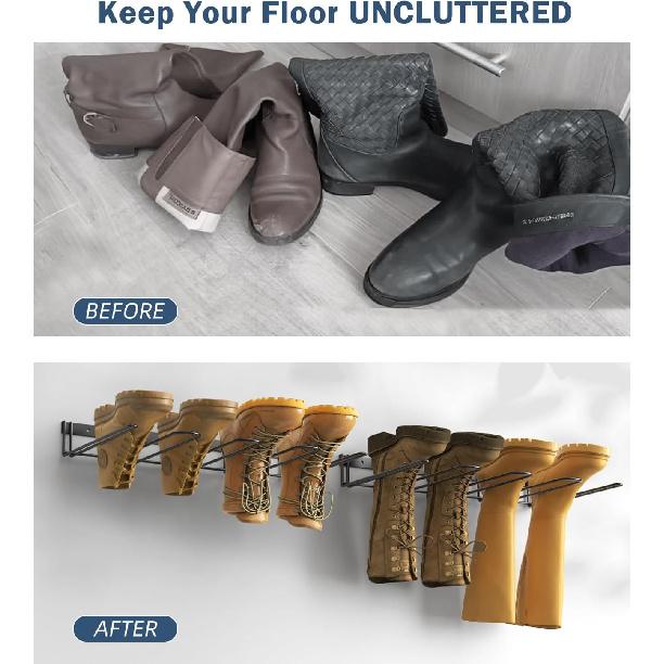Boot Rack Wader Hanger Wall Mounted- (4 Pair) Sturdy Metal Boot Organizer, Tall Shoe Holder for Closet, Entryway, Indoor, Garage