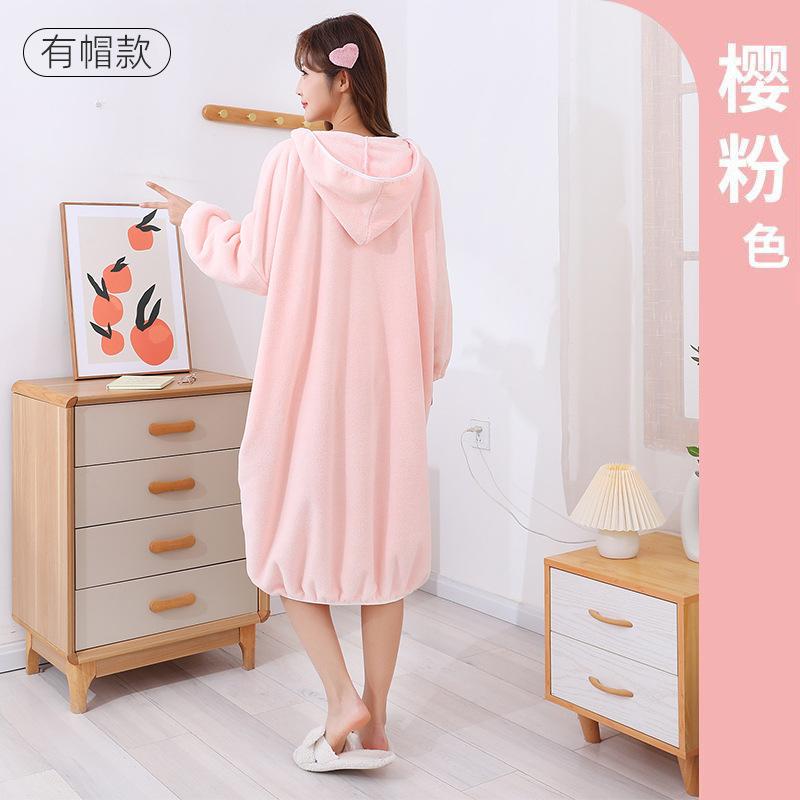 Women's Long Bathrobe Absorbent Bath Towel Coral Fleece Thickened Home Hooded Long Sleeved Bath Skirt