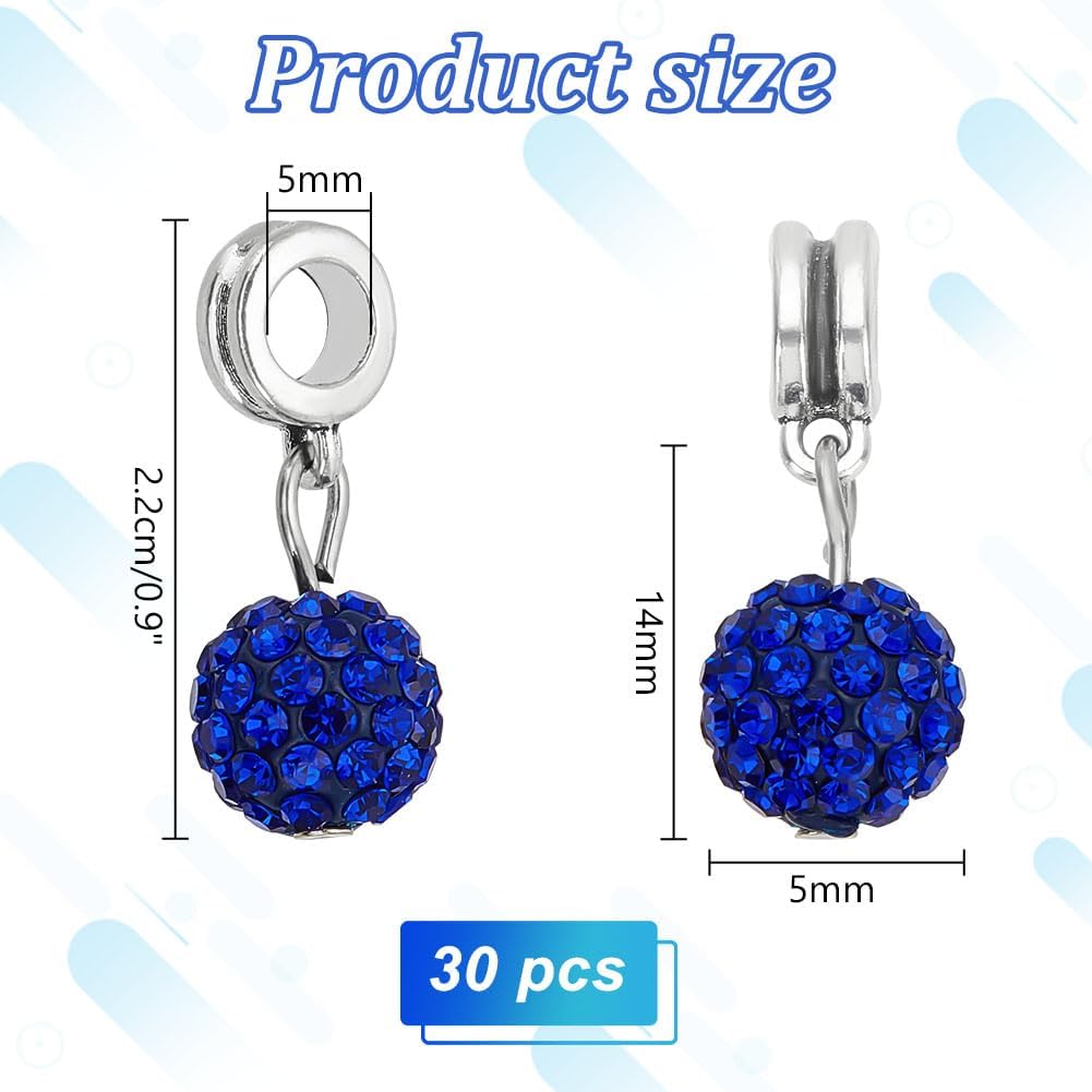 PH PandaHall 30pcs Dangle Pendant Charms, 10mm Blue Rhinestone Bead Dangle Charms European Dangle Bead 5mm Large Hole Spacer Beads Bails Connector