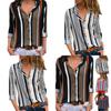 Elegant Women Autumn Striped Floral Button V Neck Long Sleeve T Shirt Casual Blouse