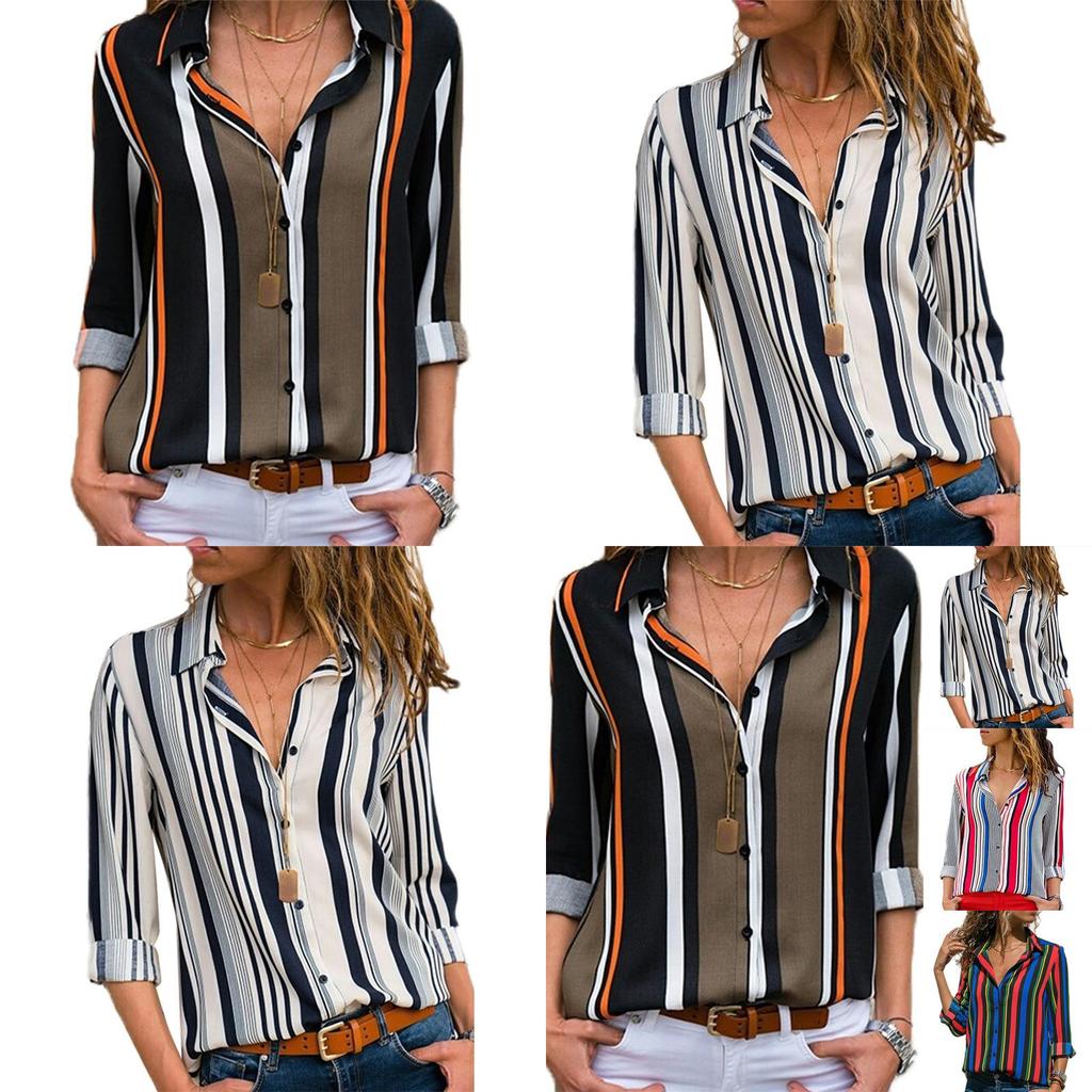 Elegant Women Autumn Striped Floral Button V Neck Long Sleeve T Shirt Casual Blouse