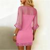 Women's Fashion Stitching Mesh Sequins Round Neck Sexy Slim-Fit 3/4 Sleeve Dress