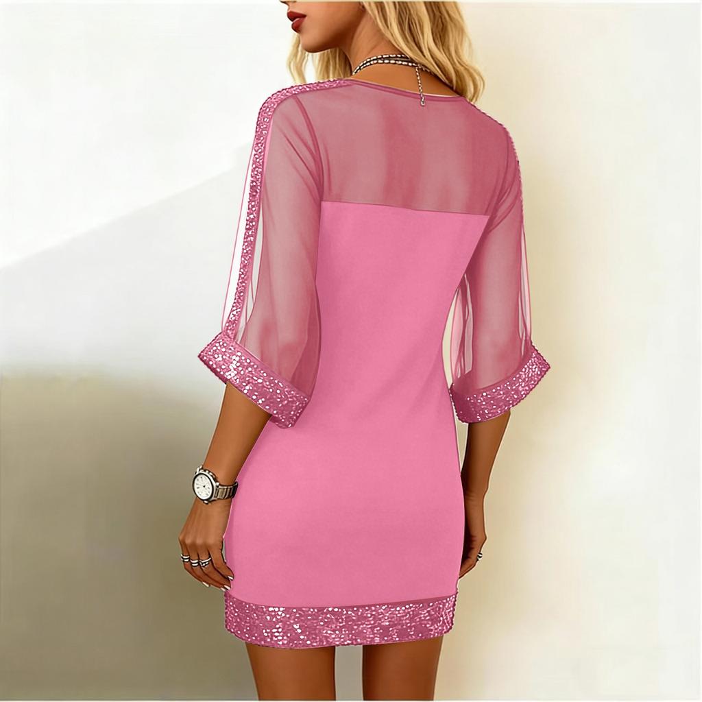 Women's Fashion Stitching Mesh Sequins Round Neck Sexy Slim-Fit 3/4 Sleeve Dress
