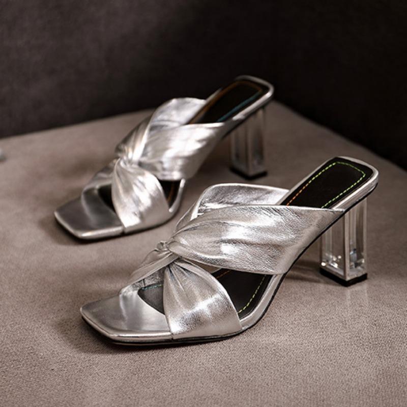 Fashion Women's Crystal Transparent Slippers Summer New Square Head Open-toed Cross Flip-flop Sandals with Thick Heels
