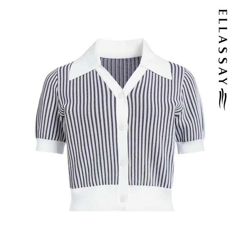 ELLASSAY Women's Striped Polo V-Neck Knit Top