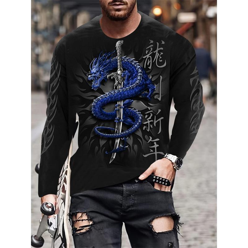 Oriental Dragon Printed Men's Long Sleeve T-shirt Autumn Daily Street Men's Fashion Long Sleeve T-shirt Casual Long Sleeve Top