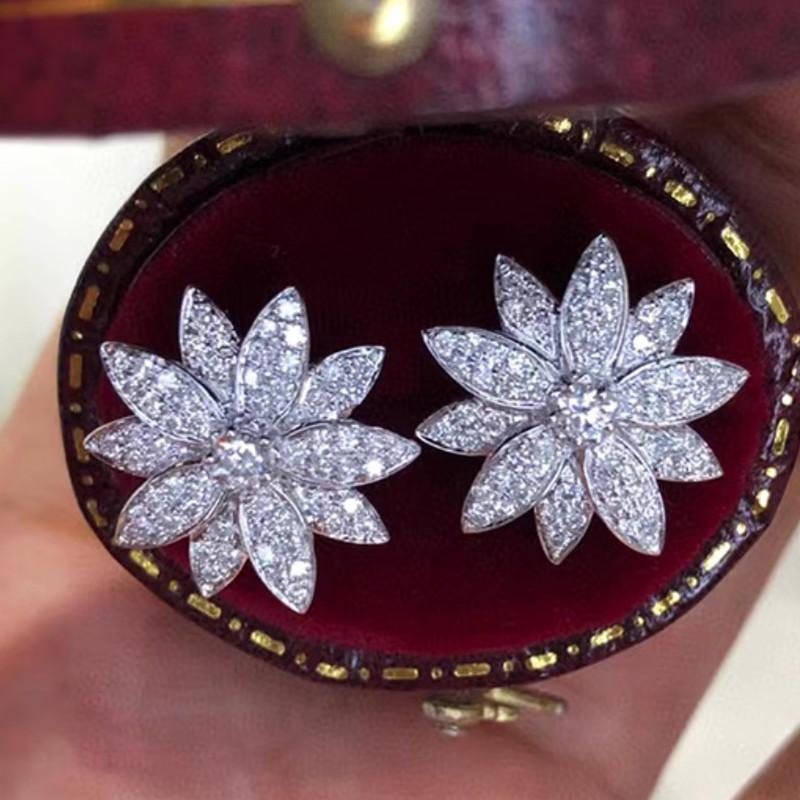 Aesthetic Flower Stud Earrings Full Paved Cubic Zircon Sparkling Ear Piercing Accessories for Women Wedding Party Jewelry